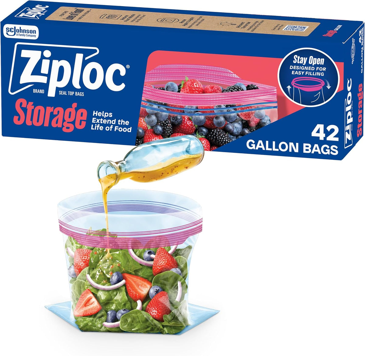 Ziploc Gallon Food Storage Bags, Stand-Up Bottom, Easy to Fill, 42 Count