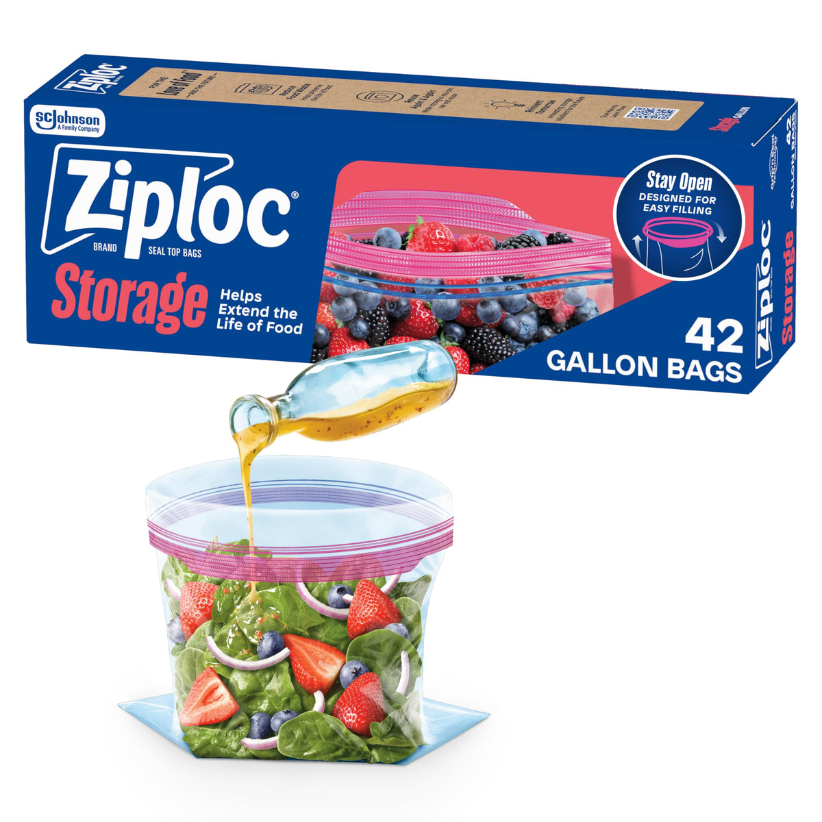 Ziploc Gallon Food Storage Bags, Stand-Up Bottom, Easy to Fill, 42 Count