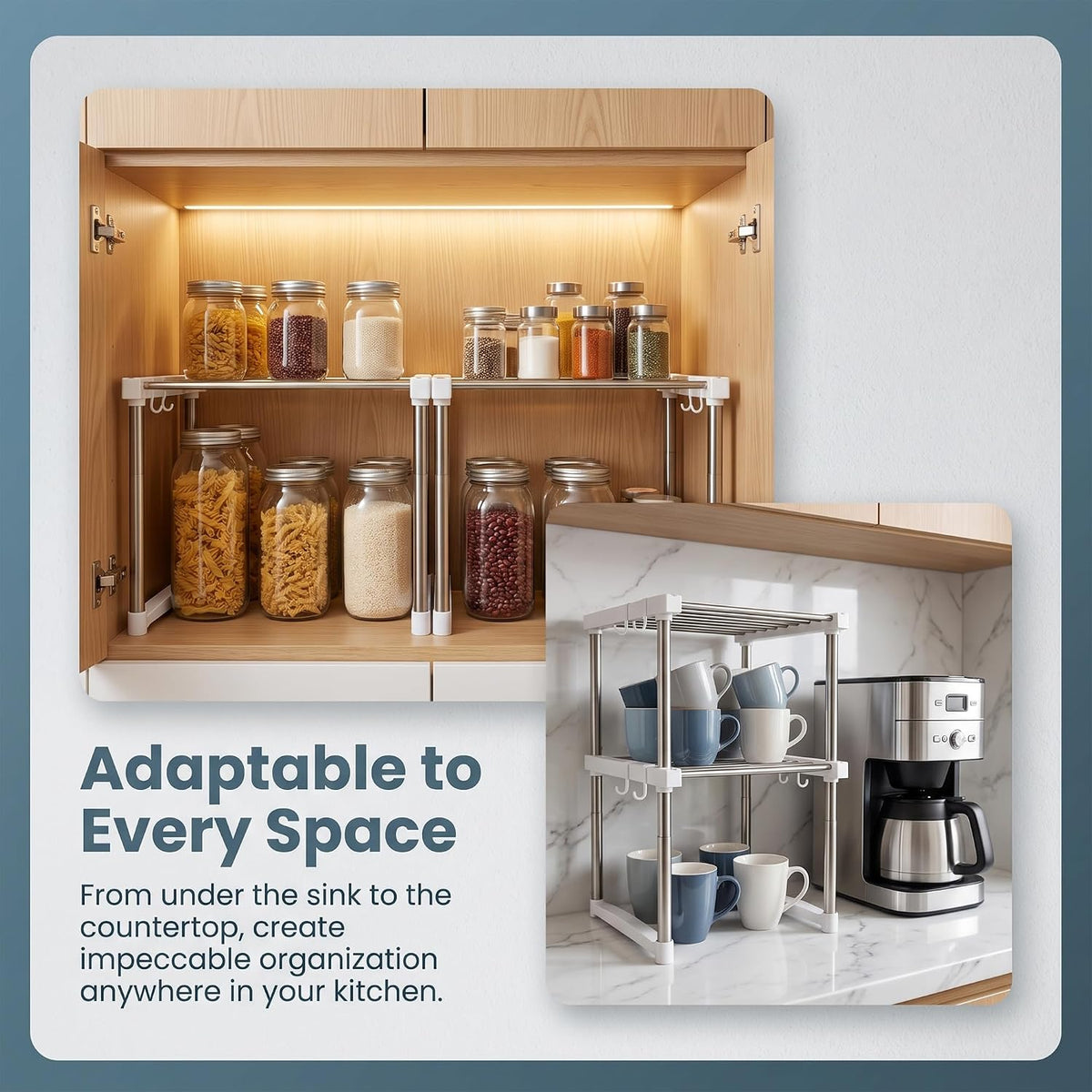 BLULEE Expandable Cabinet Organizer, Adjustable Storage Shelf White