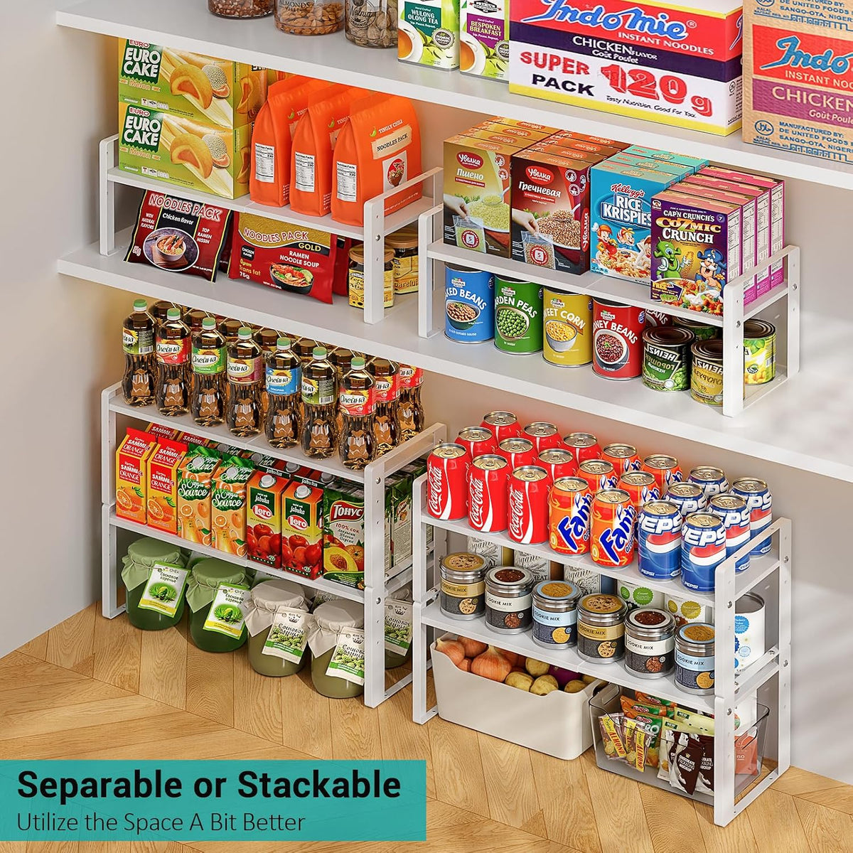 2 Pack Expandable Cabinet Organizer Shelves, 88lbs High Weight Capacity, Stackable Heavy-Duty Metal Storage Rack, Adjustable Cabinet Shelf for Kitchen, Pantry, Cupboard, Under Sink, White