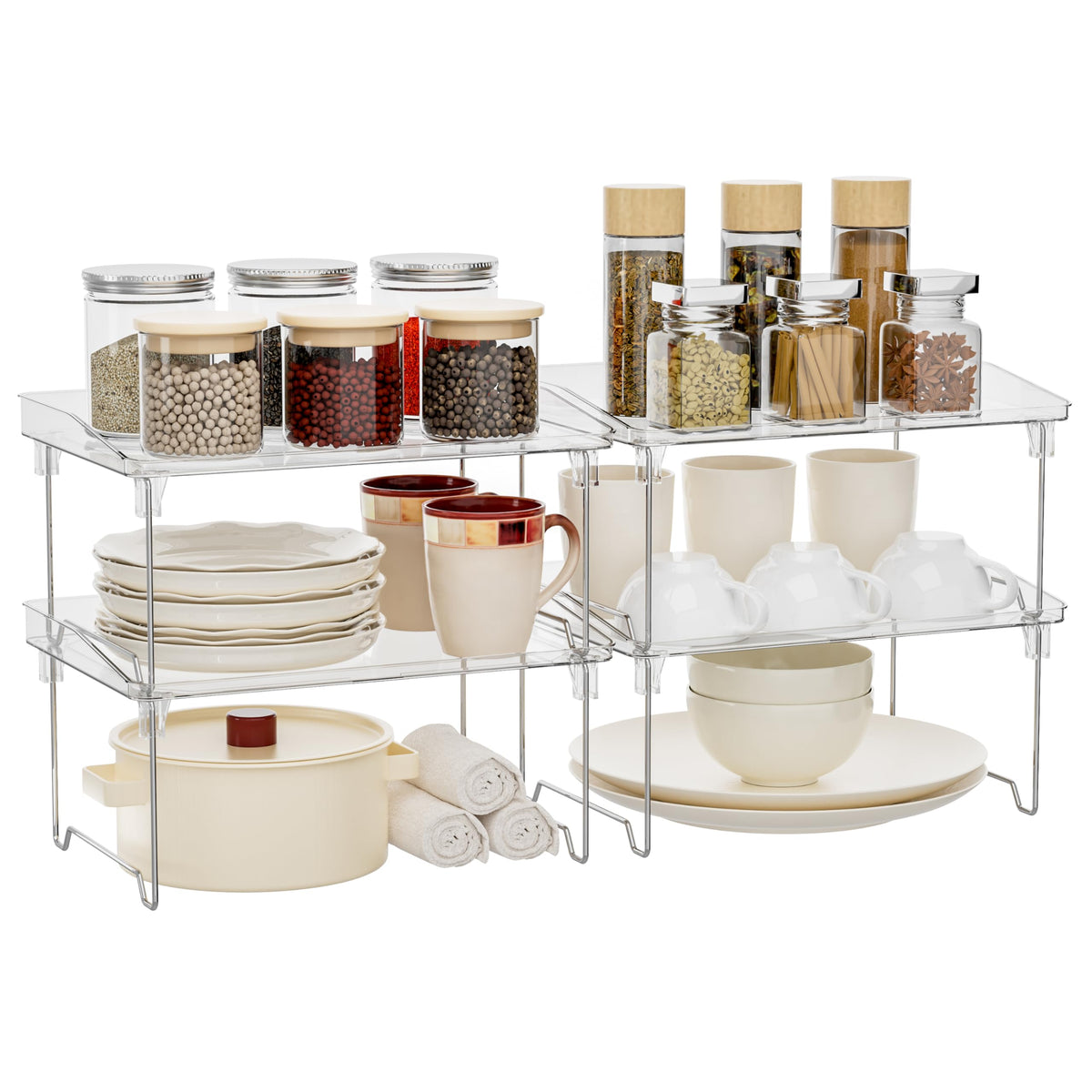 STARLATTA 2 Pcs Cabinet Organizer Shelf, Stackable Kitchen Counter Shelves, Spice Rack,Countertop Organizers, Clear Plastic Storage Shelves Rack for Makeup,Bathroom,Cupboard,Desk,Pantry Organization