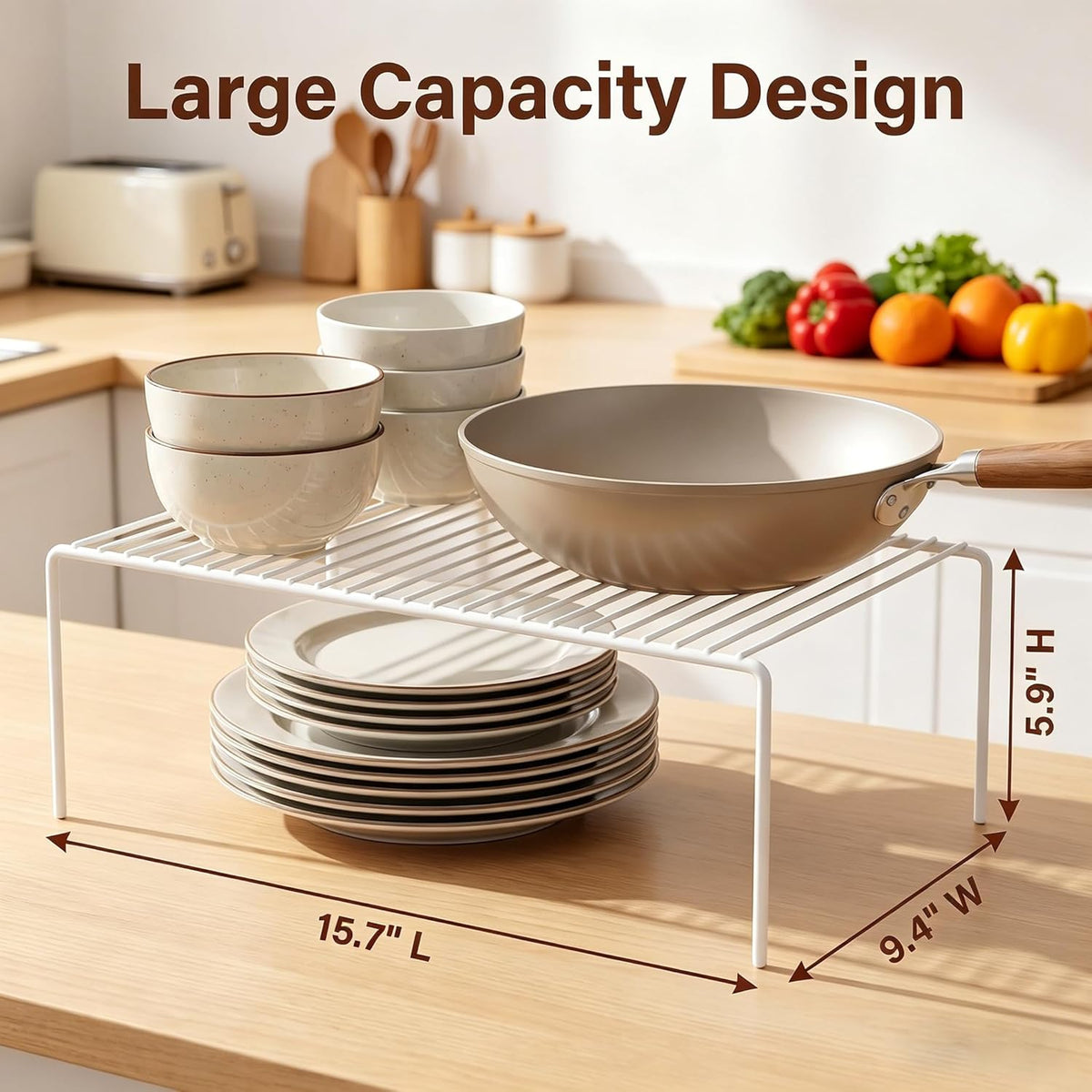 iPEGTOP Set of 6 Large (15.7 x 9.4 Inch) Kitchen Cabinet Organizer Shelf, Wire Freezer Storage Shelves Rack, Rustproof Steel Metal Shelf Riser for Dish Plates Pantry Cupboard Organization, White