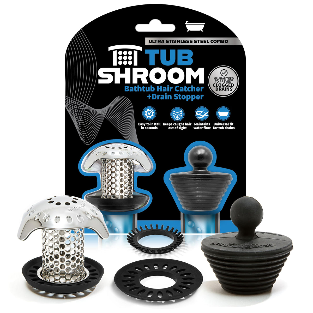 TubShroom Ultra Revolutionary Bath Tub Drain Protector Hair Catcher/Strainer/Snare Stainless Steel, Single Pack