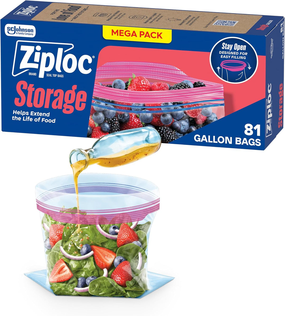 Ziploc Gallon Food Storage Bags, Stand-Up Bottom, 81 Count