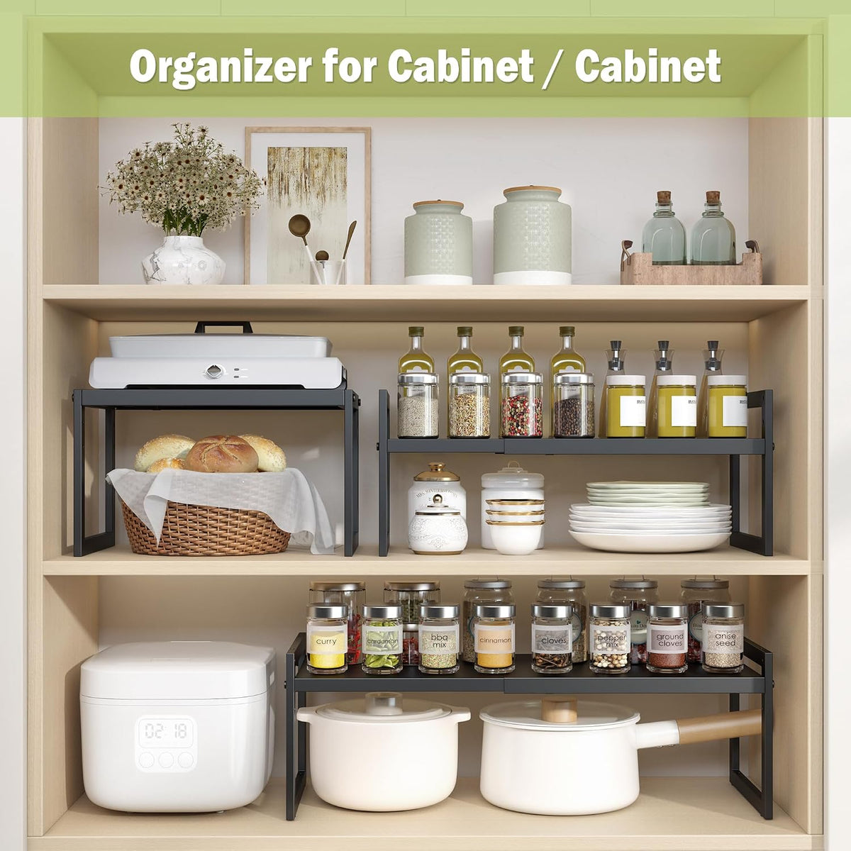 DOLALIKE Expandable Kitchen Countertop Organizer, Stackable Cabinet Shelf Organizers, Space Saving Spice Rack Pantry Storage for Bathroom Office (Black, 1 Pack)
