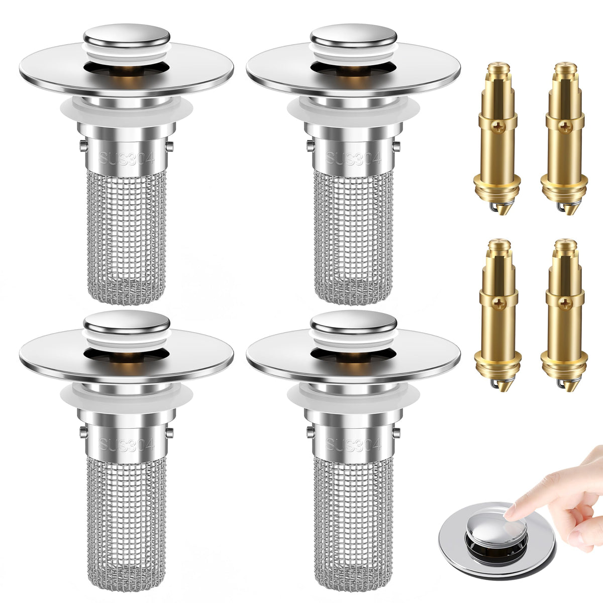 2PCS Bathroom Sink Stopper Strainer, Pop-Up Bathroom Sink Drain Strainer with Removable Stainless Steel Hair Catcher Basket, Universal Fit for US Bathroom Sinks, Bathtubs, Showers & Floor Drains